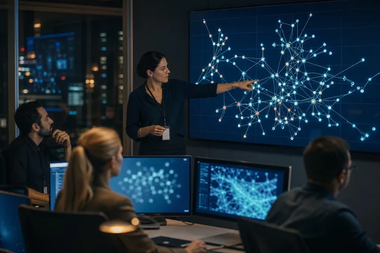 Compliance officer reviewing a transaction flow graph in an exchange operations room