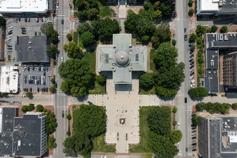 Aerial view of a government district with a courthouse