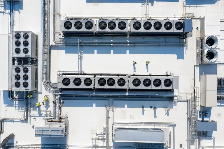 Aerial view of a data center roof with cooling units