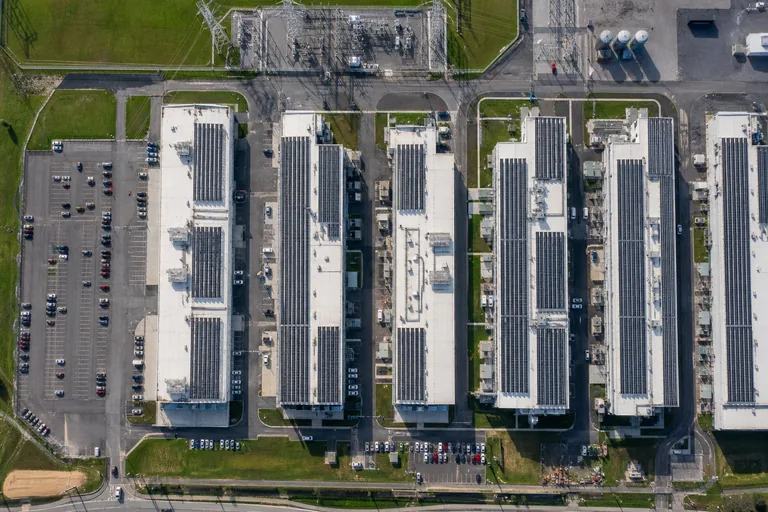 Aerial view of a large server hall campus