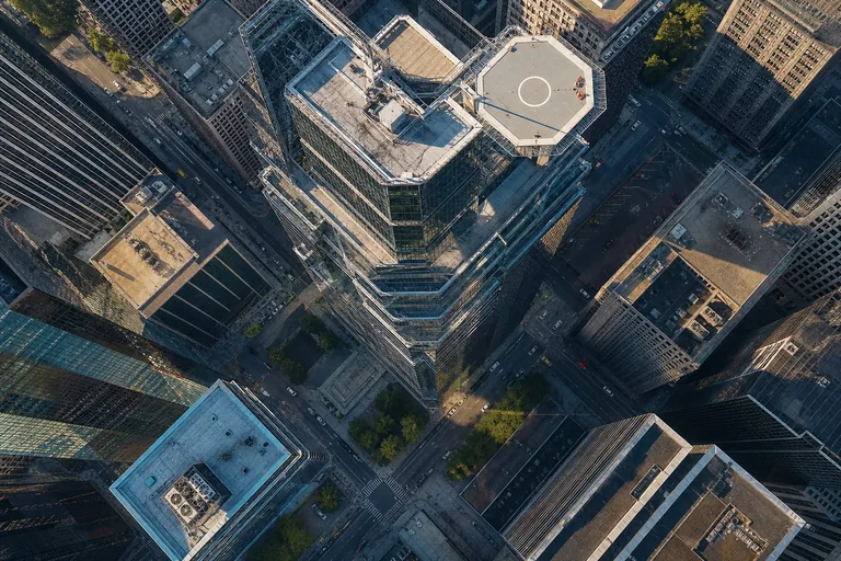 Aerial view of a financial district with office towers