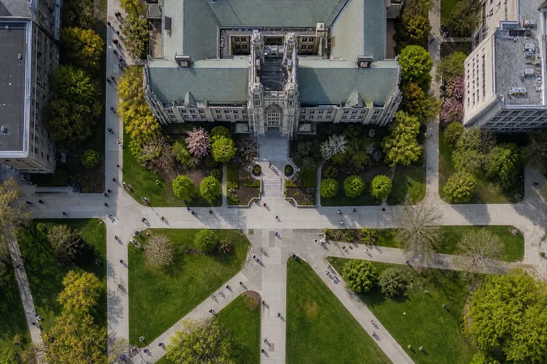 Aerial view of a university campus with a library